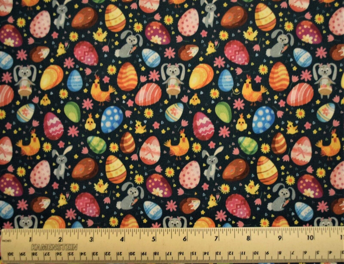 Easter Bunny and Eggs on Black Digital Print 100% Cotton Fabric