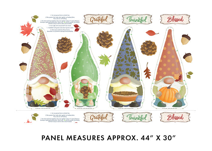 Thanksgiving Falling For Gnomes Panel On White 100% Cotton Fabric Price per Panel