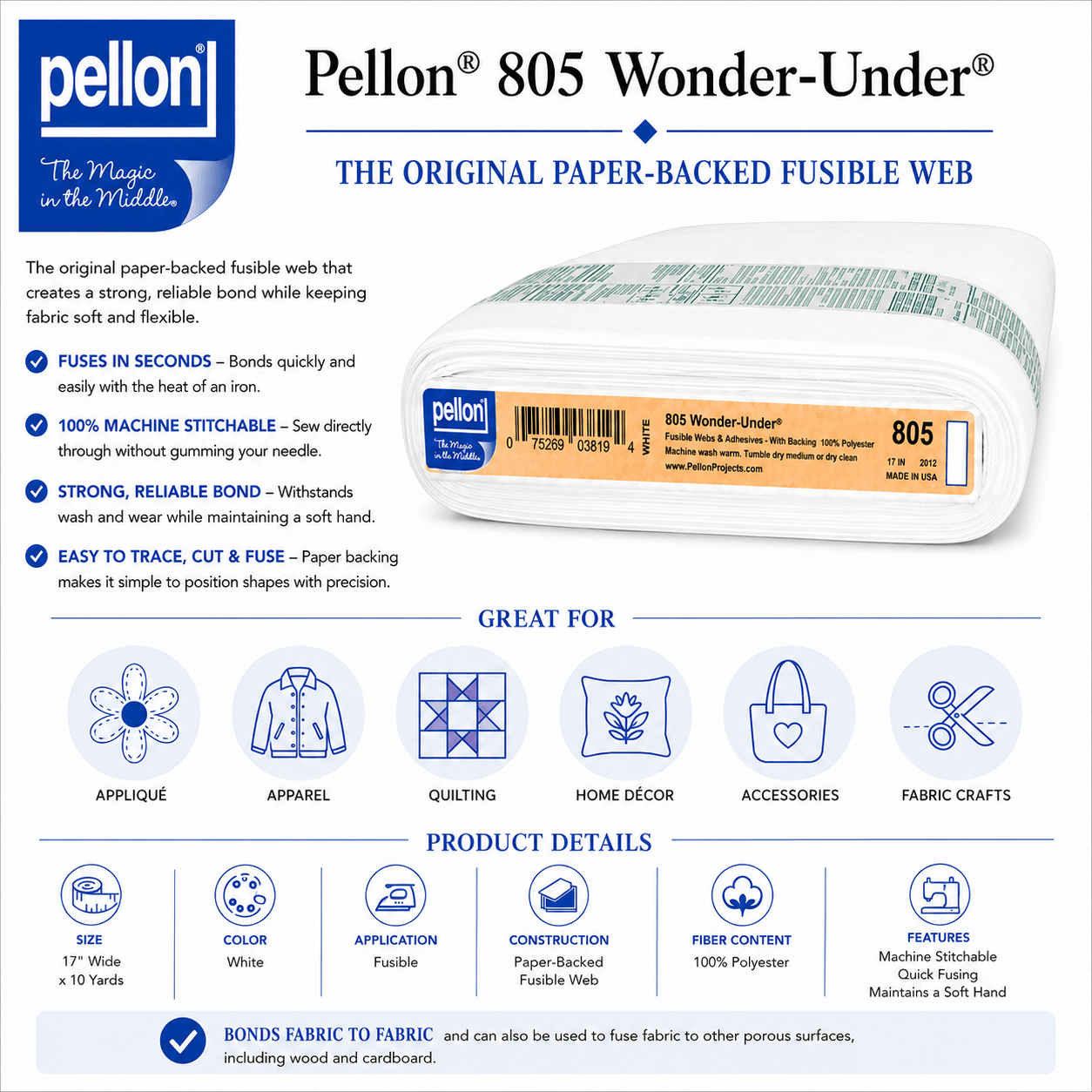 Pellon® 805 Wonder-Under® Fusible Web – 17" x 10 Yard Bolt – White