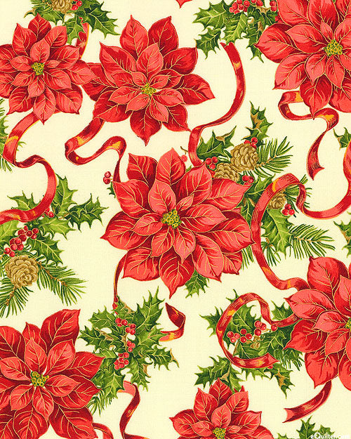 Christmas Holiday Edition Poinsettia Bouquets on Cream 100% Cotton Price per Yard