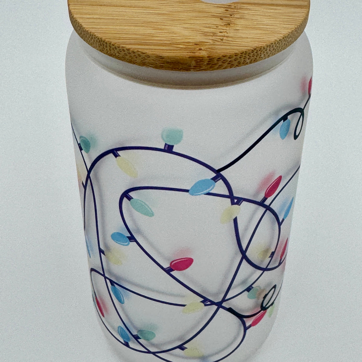 16oz Christmas Lights Xmas Glass Can Tumbler With Straw, rubber bottom & Bamboo Lid