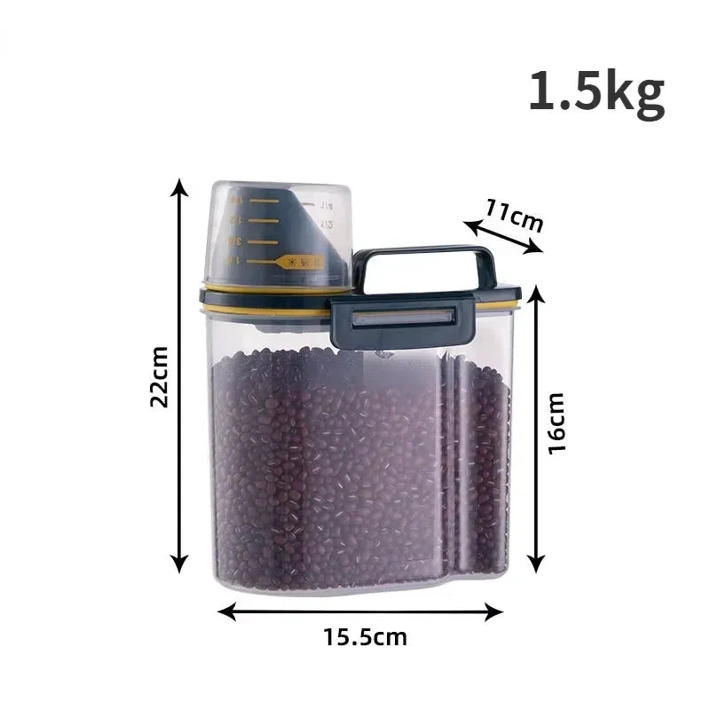 Airtight Pet Food Storage Container with Measuring Cup – 1.5kg/2kg Plastic Dog & Cat Food Pail, Moisture-Proof Sealed Jar