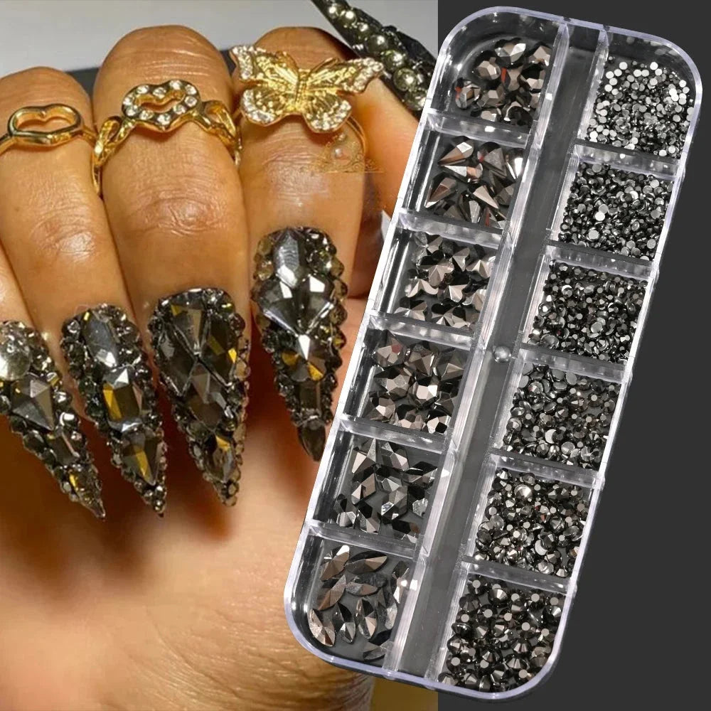 12 Grids Mixed Nail Rhinestones - SS6-SS30 Flat-Back Glass Gems for Nail Art