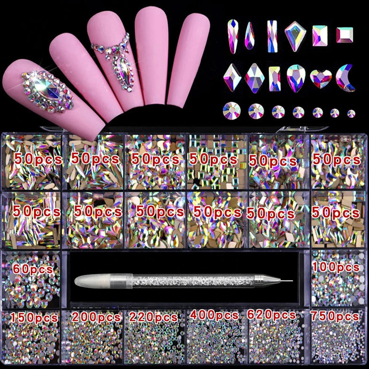 21 Grid Nail Art Rhinestone Set - Multi-Style Flat Bottom Glass Diamonds
