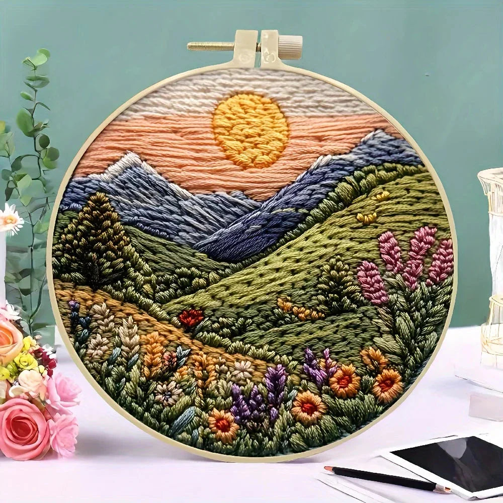 Beginners Hand Embroidery Kit - Mountain & Moon Landscape with Fabric & Threads