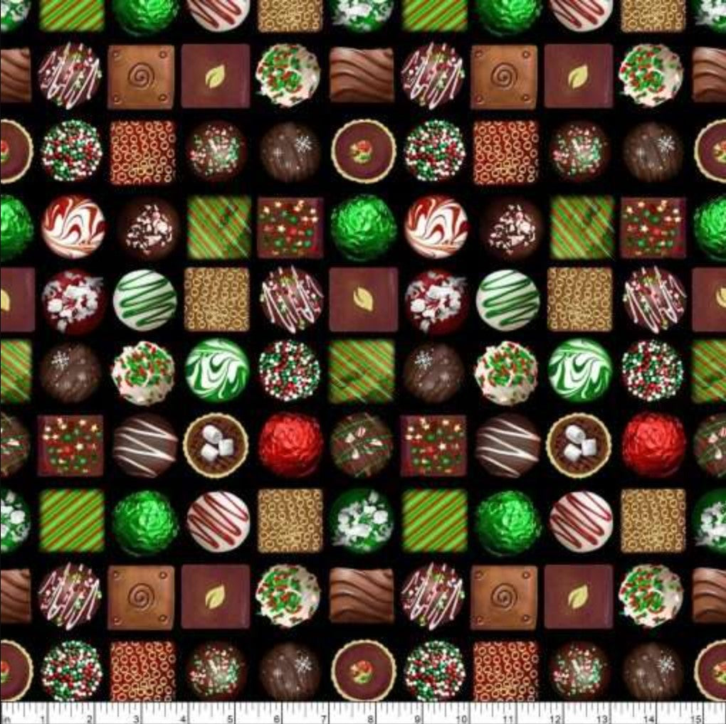 Christmas Confections On Black 100% Cotton Fabric Price per Yard