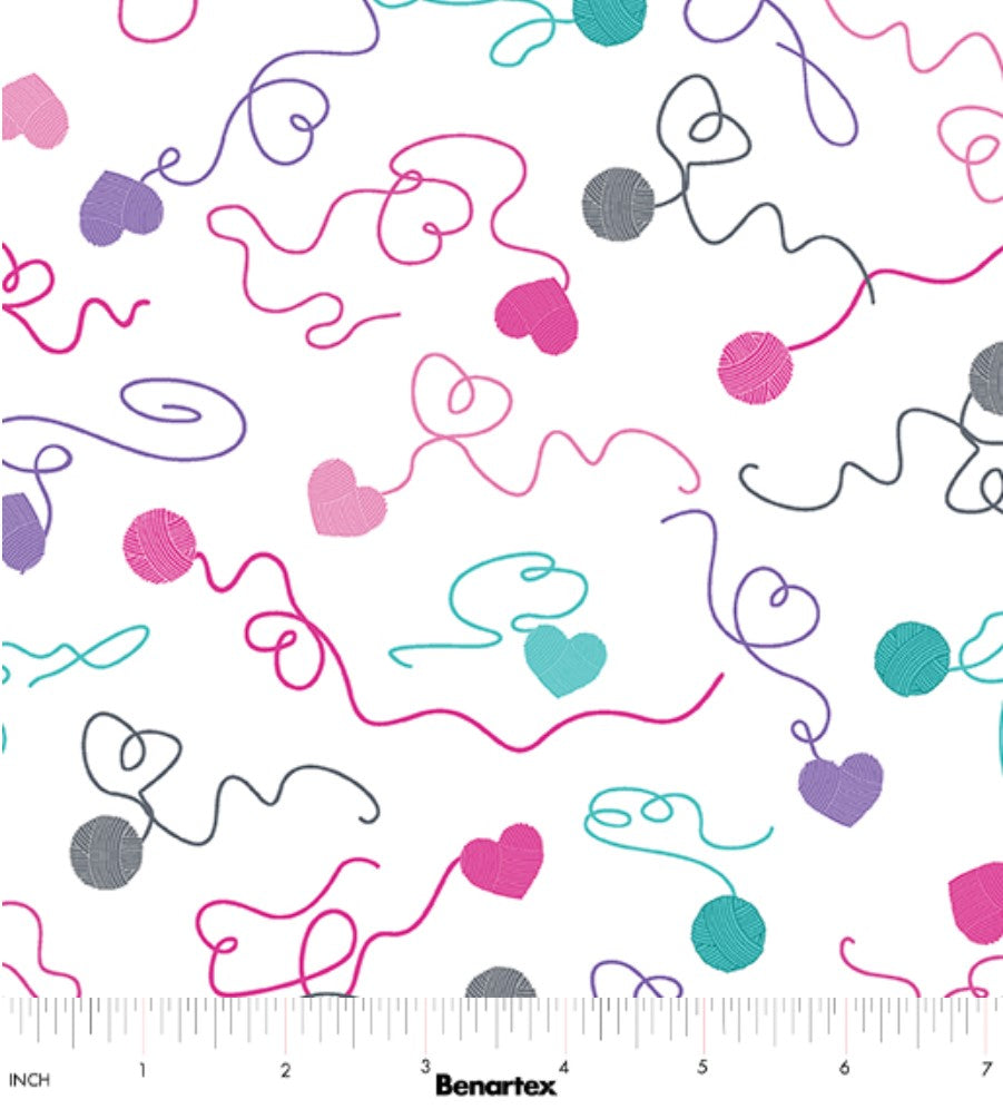 Valentine Swirling Yarn Hearts on White 100% Cotton Price per Yard