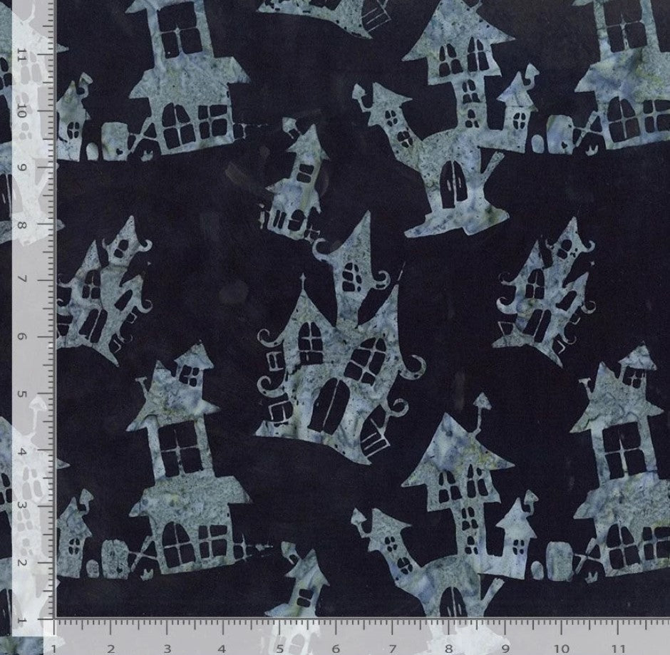 Halloween Batik Gray Haunted Houses on Black Tonga