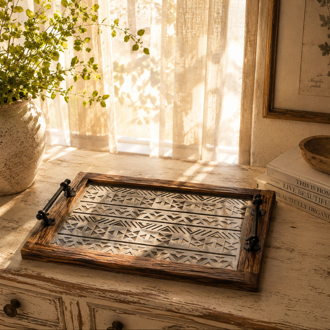 Vintage-Style Wooden Tray with Glass Bottom- set of 2