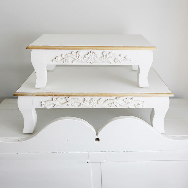 Antique Inspired Ornate White Wood Risers, Set of Two
