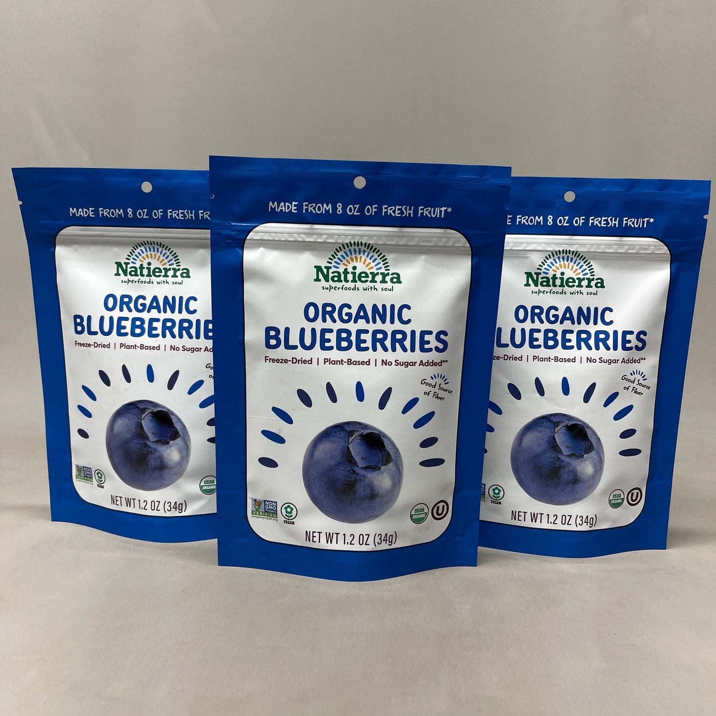 NATIERRA Nature & Earth Freeze-Dried Organic Blueberries 1.2oz -3 packs (New)