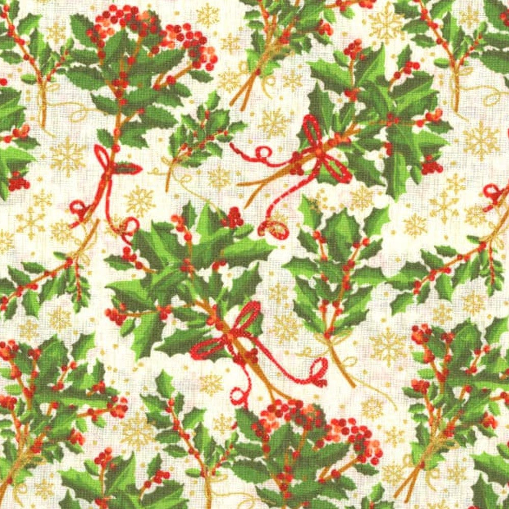 Christmas Holly and Gold Metallic Snowflakes on White Ivory