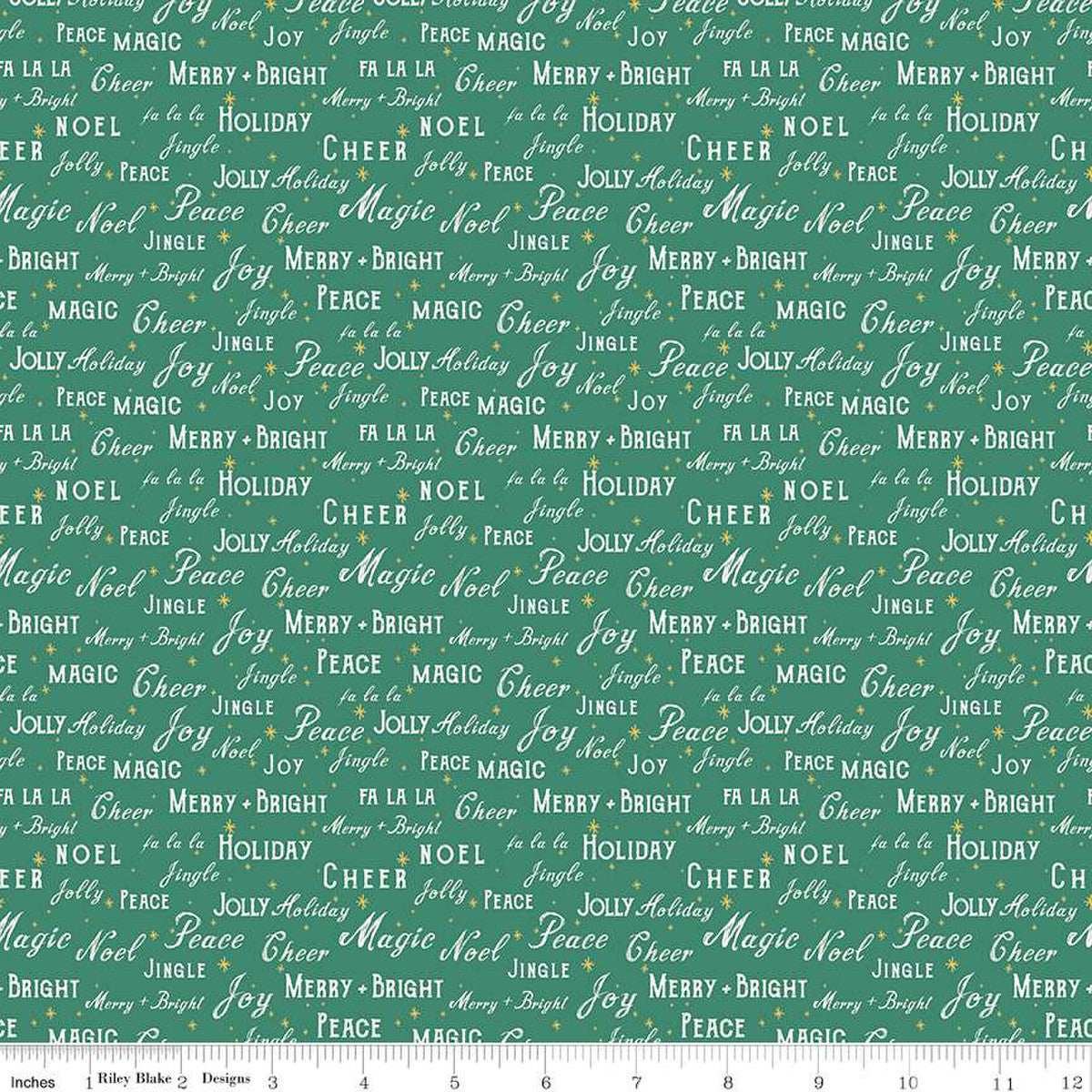 Christmas Words Text on Green Holiday Cheer 100% Cotton Price Per Yard