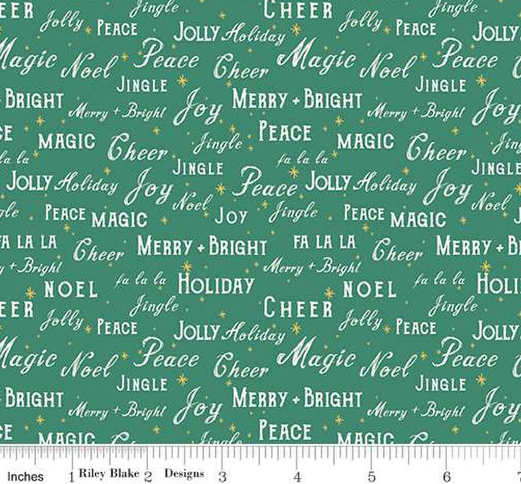 Christmas Words Text on Green Holiday Cheer 100% Cotton Price Per Yard
