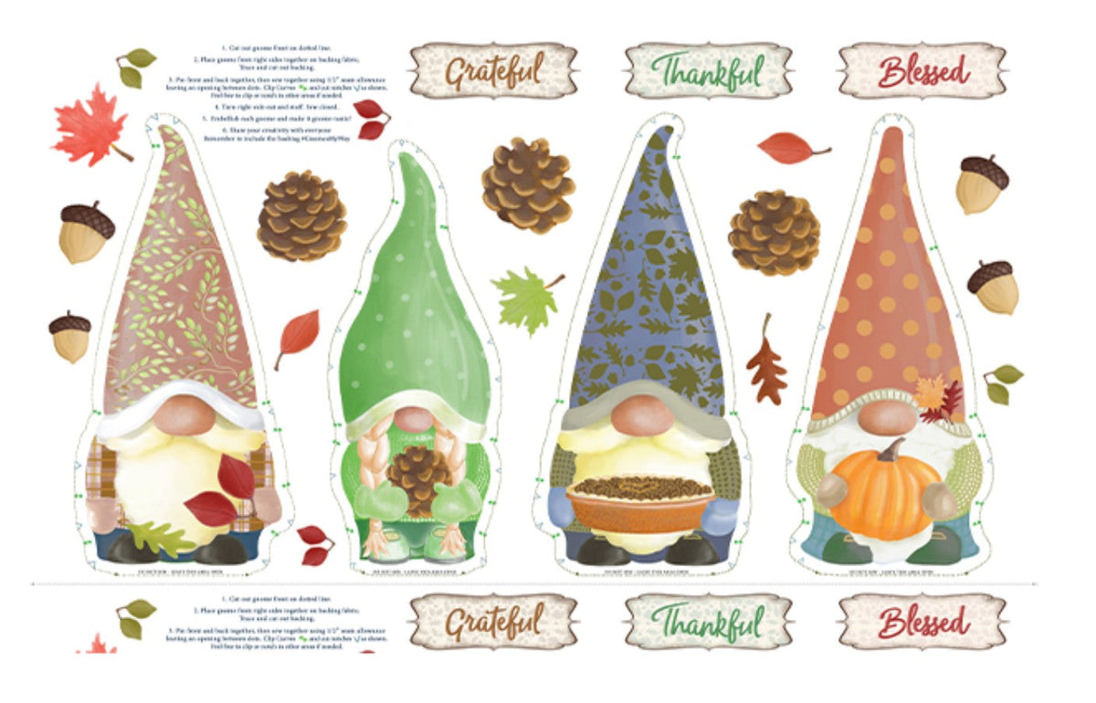 Thanksgiving Falling For Gnomes Panel On White 100% Cotton Fabric Price per Panel