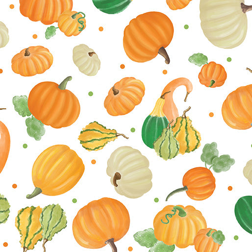 Thanksgiving Falling For Gnomes Pumpkin On White 100% Cotton Fabric Price per Yard