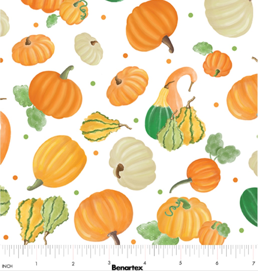 Thanksgiving Falling For Gnomes Pumpkin On White 100% Cotton Fabric Price per Yard