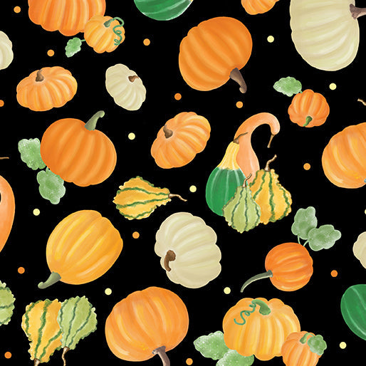 Thanksgiving Falling For Gnomes Pumpkin On Black 100% Cotton Fabric Price per Yard