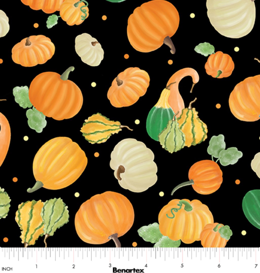 Thanksgiving Falling For Gnomes Pumpkin On Black 100% Cotton Fabric Price per Yard