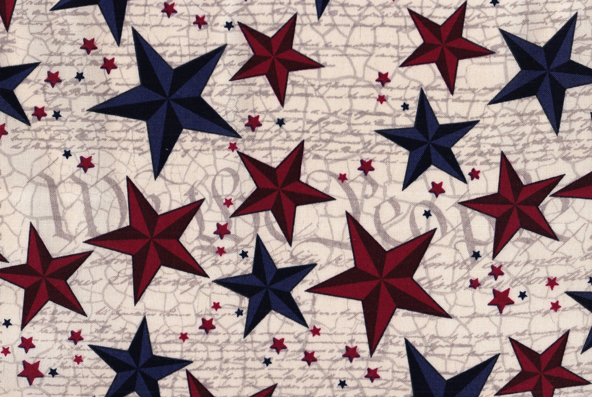 Patriotic Stars on Script on White 100% Cotton Price per Yard