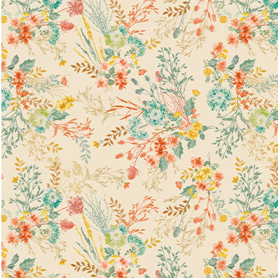 Montgomery Floral Cream/Multi Cotton 44"/45" Fabric Per Yard
