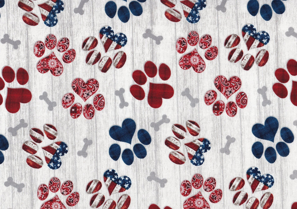 Patriotic Dogs Pups Paw Prints on White 100% Cotton Price per Yard