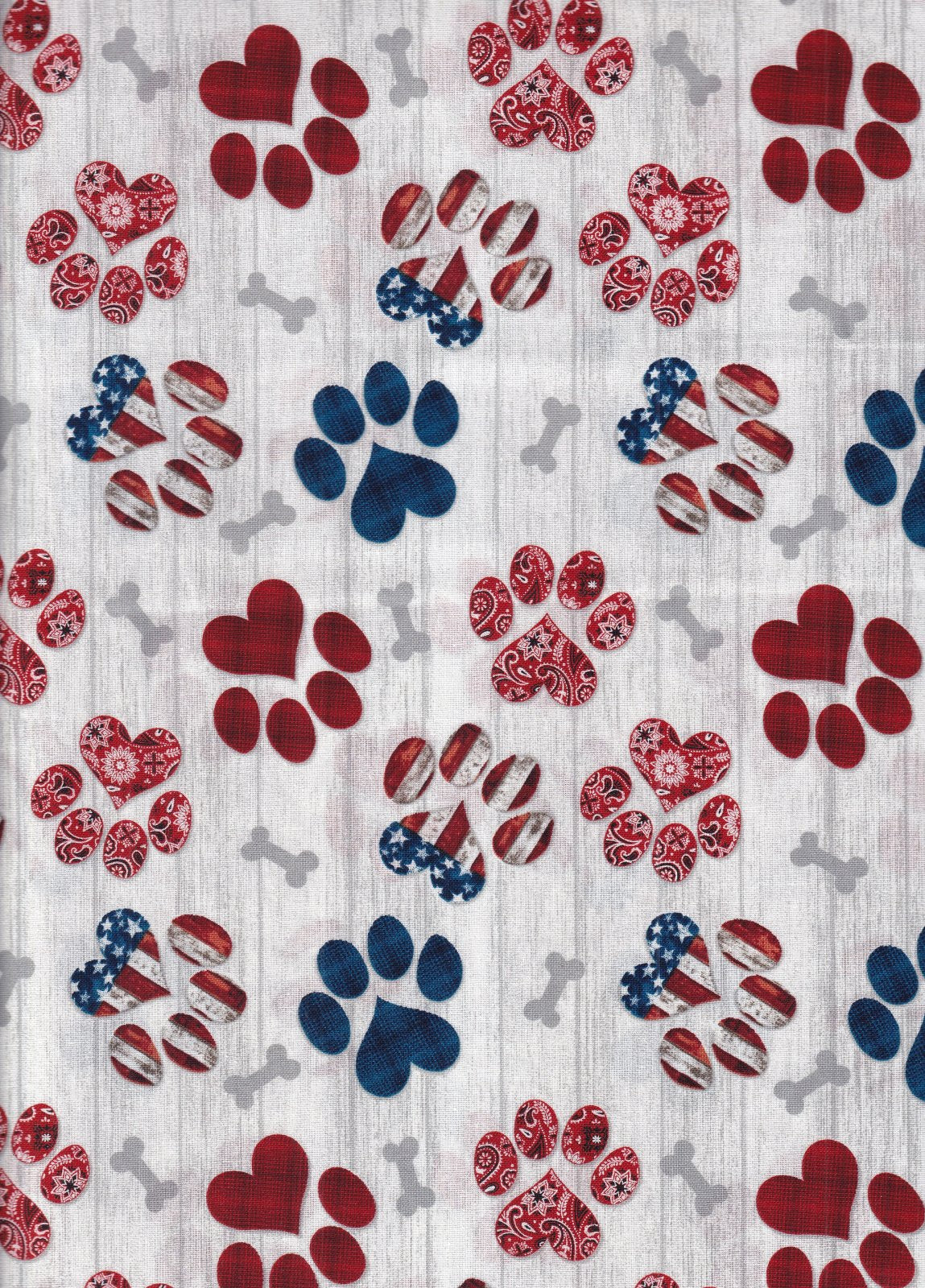 Patriotic Dogs Pups Paw Prints on White 100% Cotton Price per Yard
