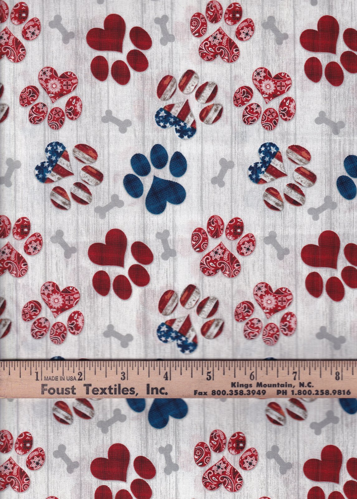 Patriotic Dogs Pups Paw Prints on White 100% Cotton Price per Yard