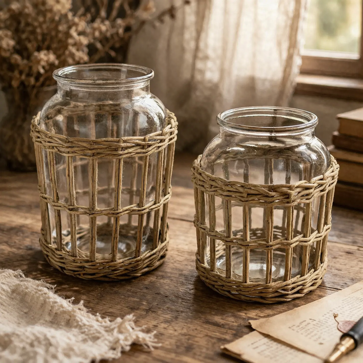 Wicker Basket with Glass Canister