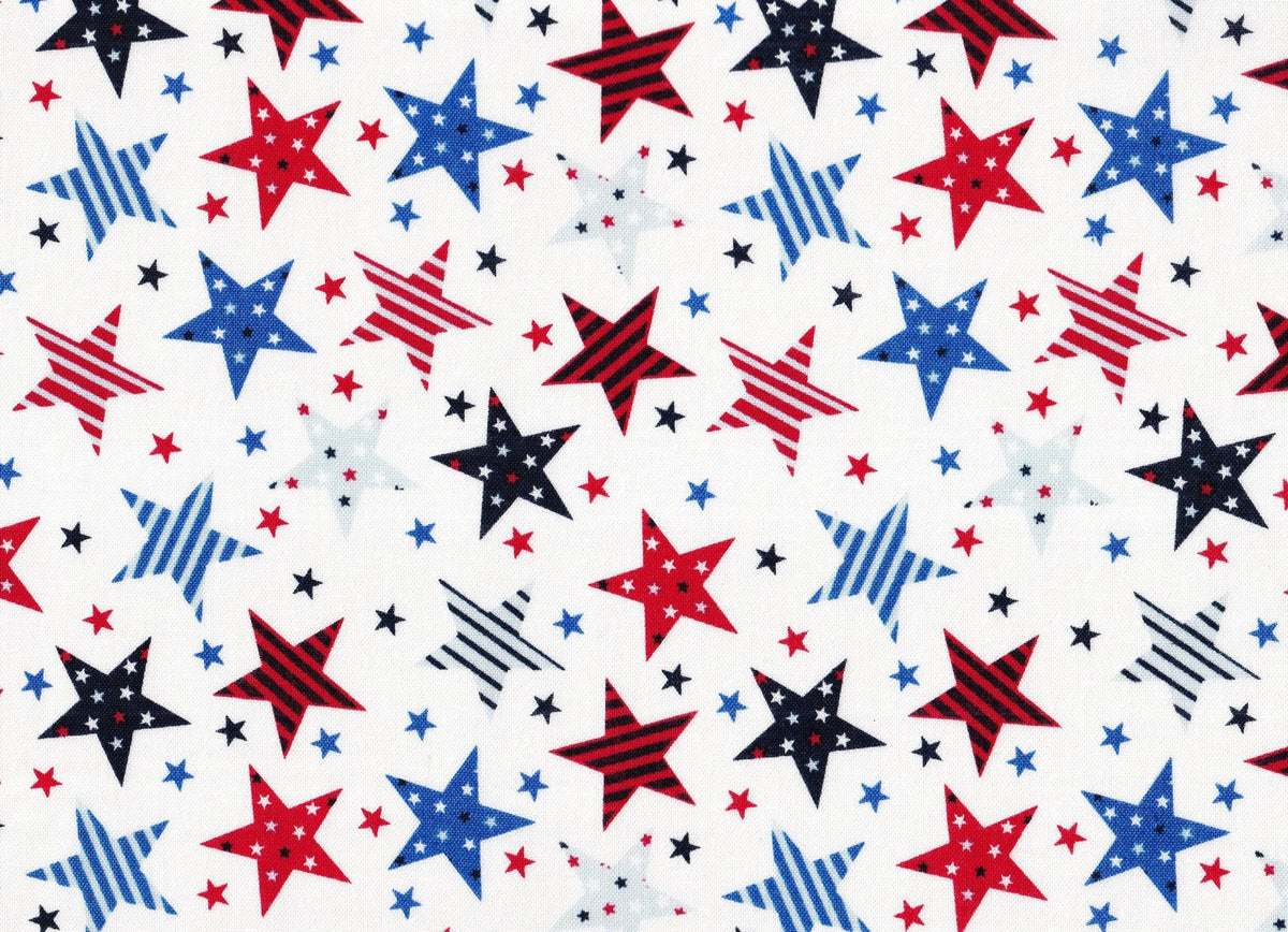 Patriotic Stars and Stripes on White 100% Cotton Price per Yard