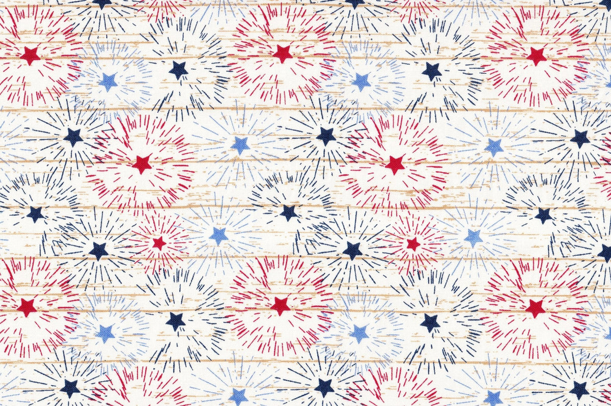 Patriotic Fireworks on White Texture 100% Cotton Price per Yard
