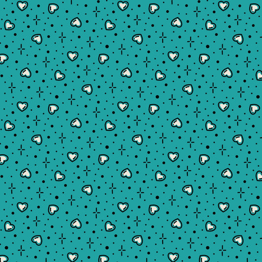 Teal Hearts Love Ink 3388 Cotton 44”/45” Fabric Per Yard