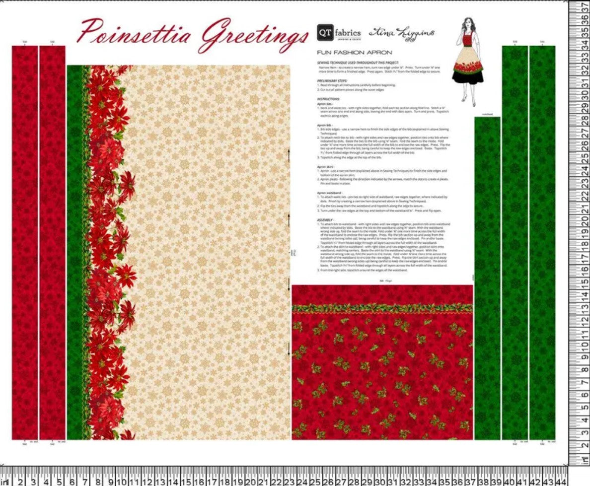 Christmas Poinsettia Greetings Apron Panel on Cream 100% Cotton Fabric