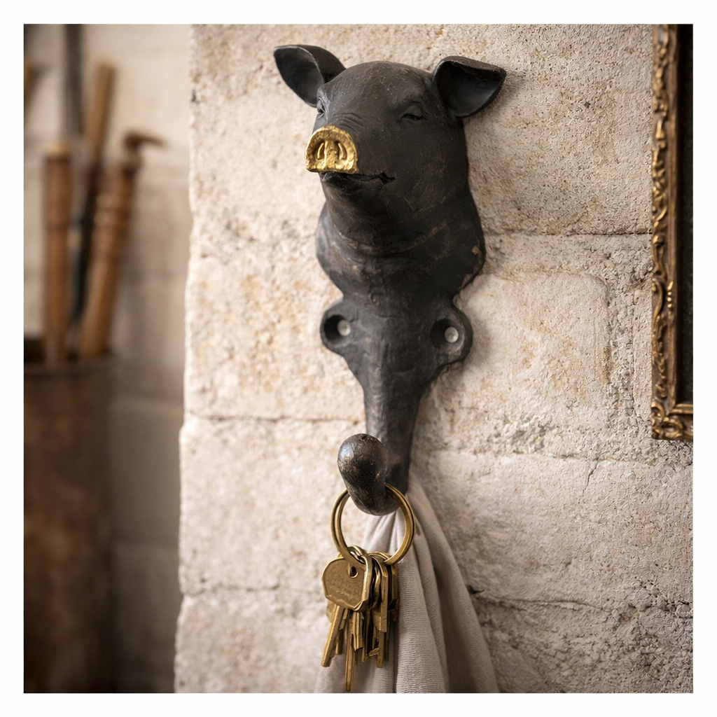 Cast Pewter Pig Hook with Gold Nose