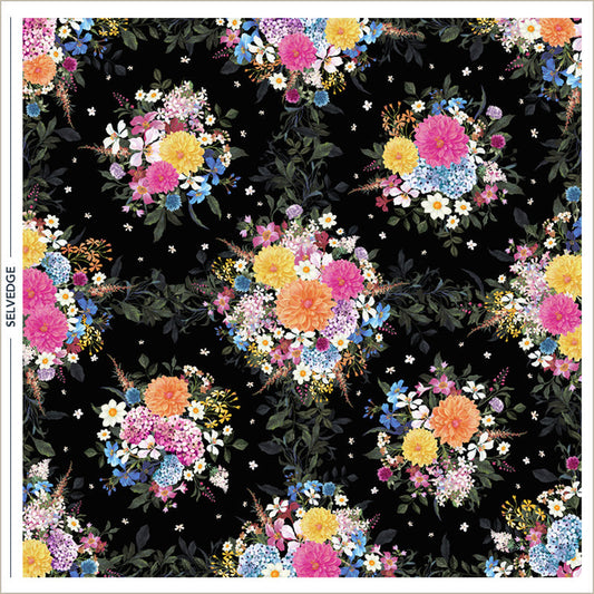 Black Whimsical Garden Midnight Blooms Cotton 44"/45" Fabric Per Yard