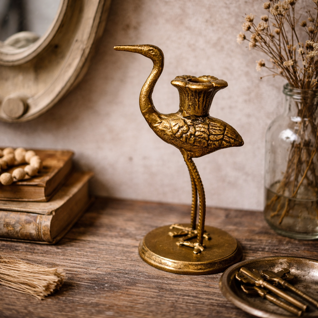 Crane Candle Holder with Antique Gold Finish