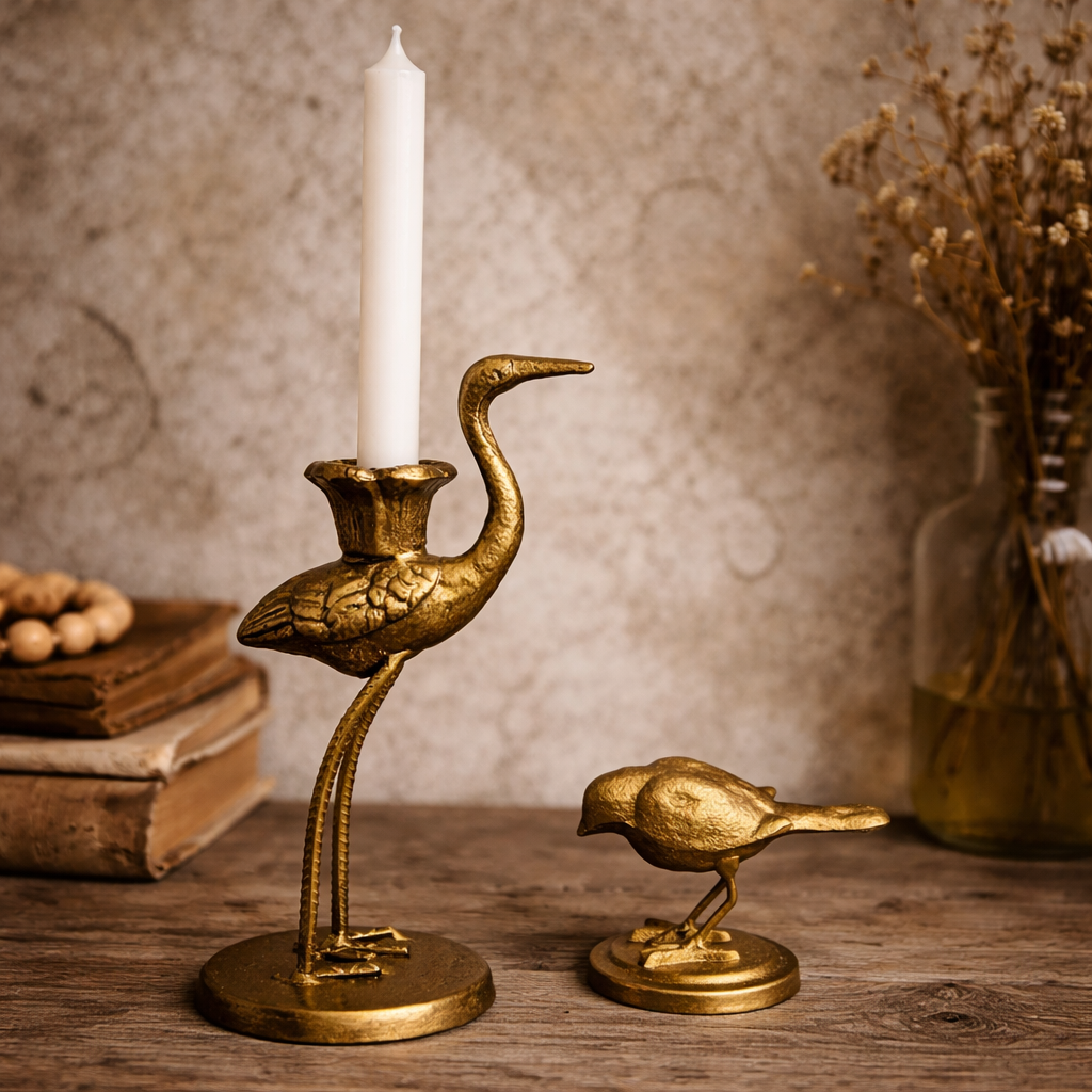 Crane Candle Holder with Antique Gold Finish