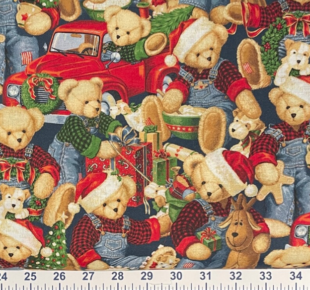 Christmas Blue Jean Teddy 100% Cotton Fabric Price per Yard