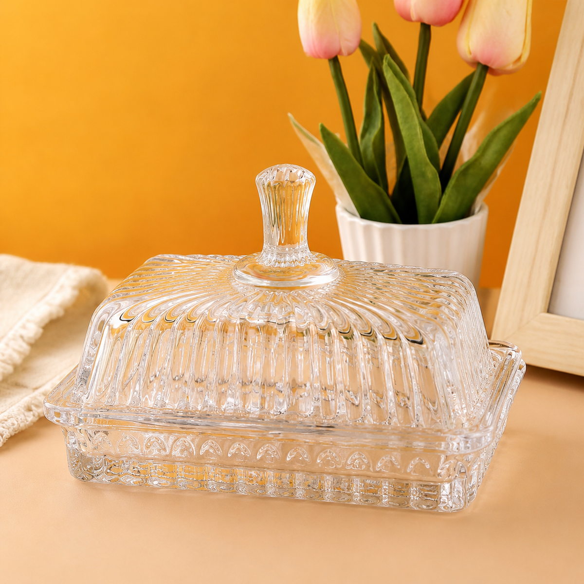 Elegant Ribbed Crystal-Style Butter Dish