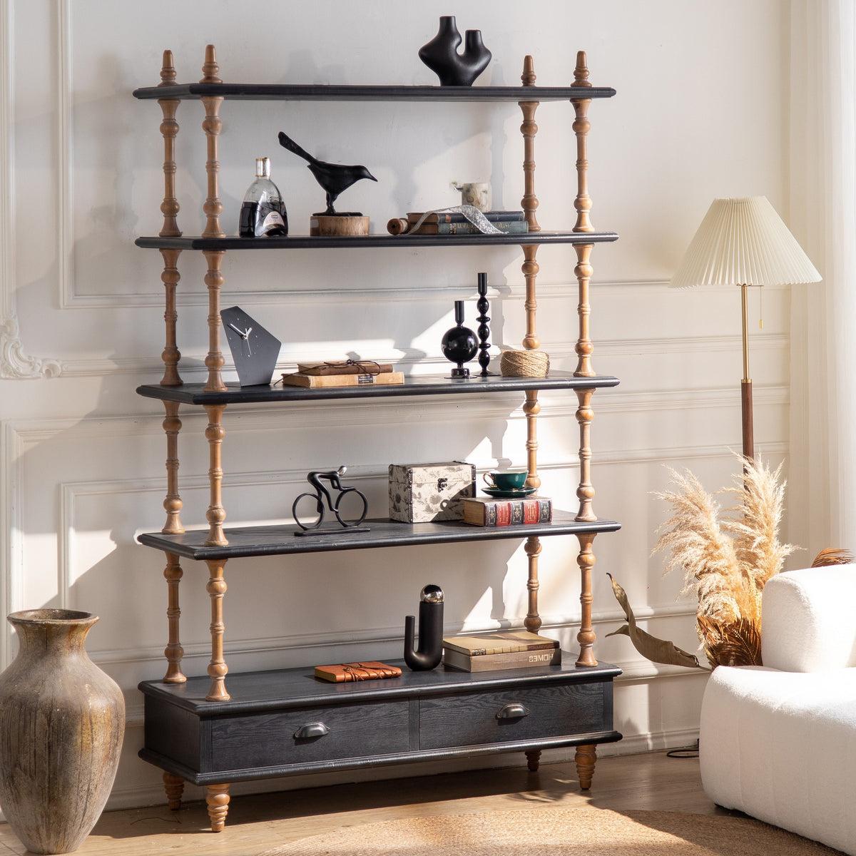 Wood Open Display Shelf with Drawer Base