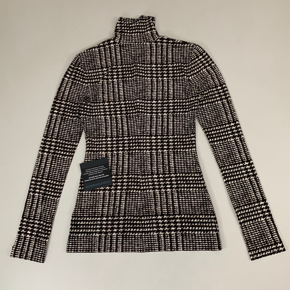 NORMA KAMALI Front Zip Slim Fit Turtle Top Women's Sz S/36 Chocolate Plaid Tweed