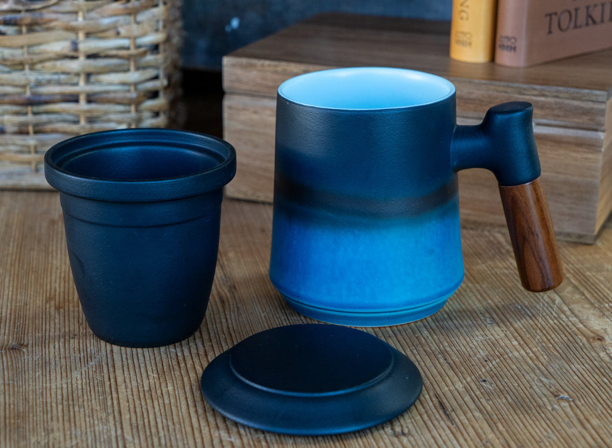 Japanese Ceramic Loose Tea Steeping Mug with Wood Handle - Tall
