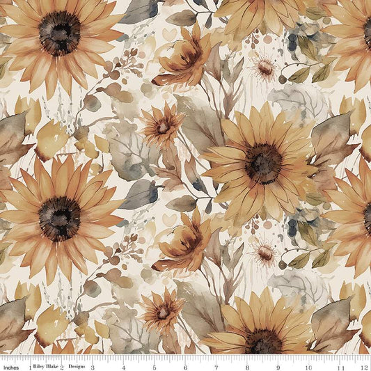 Evening on the Prairie Watercolor Sunflowers Cream Cotton Wideback Fabric per yard