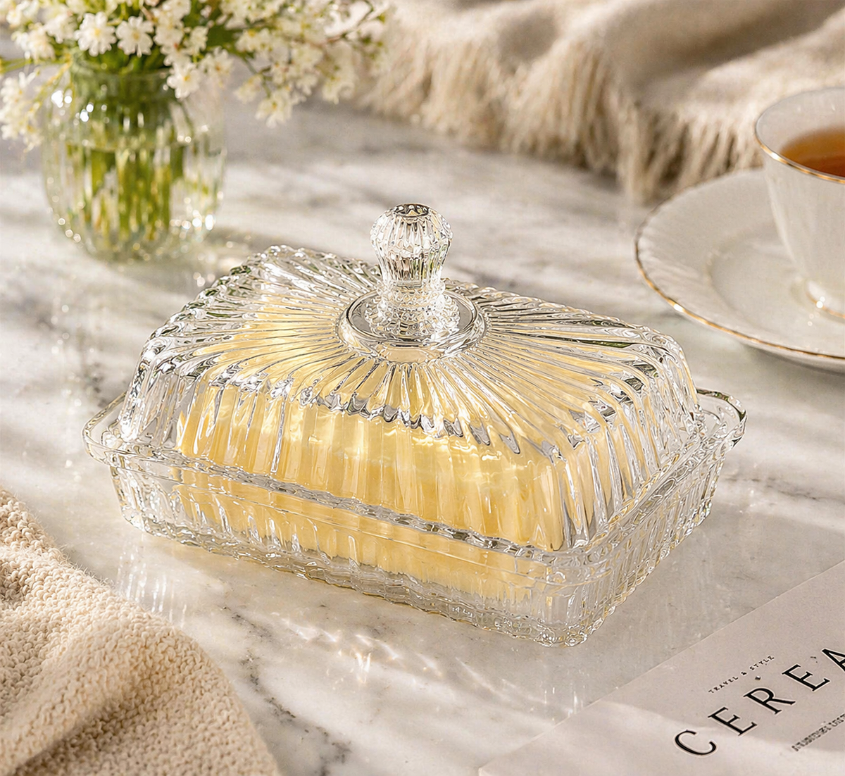 Elegant Ribbed Crystal-Style Butter Dish