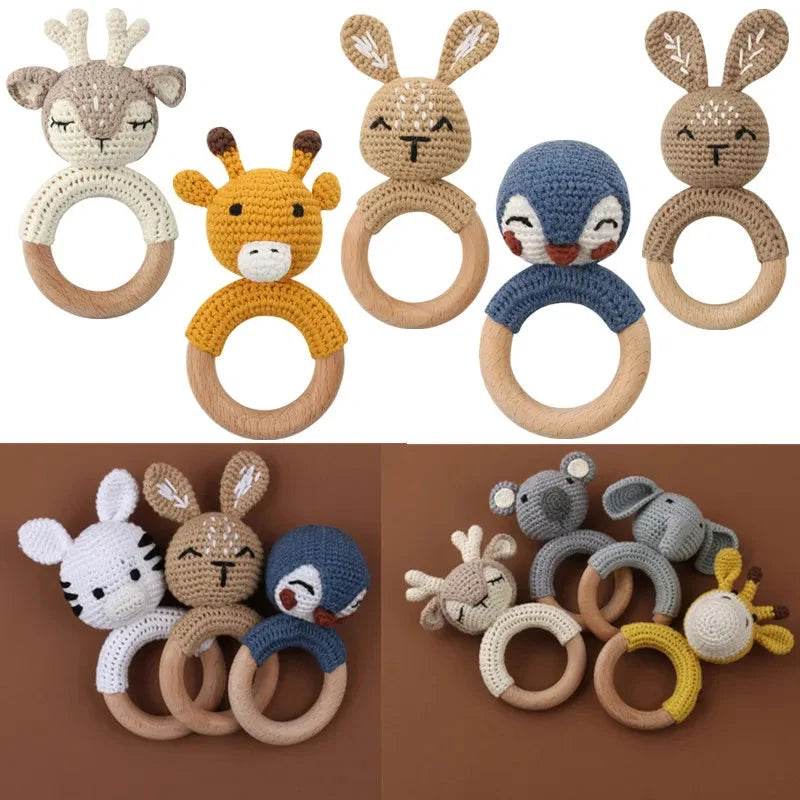 BPA Free Baby Wooden Teether Crochet Rattle Toy for Newborns