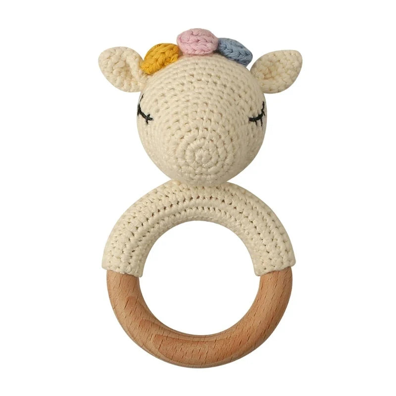 BPA Free Baby Wooden Teether Crochet Rattle Toy for Newborns