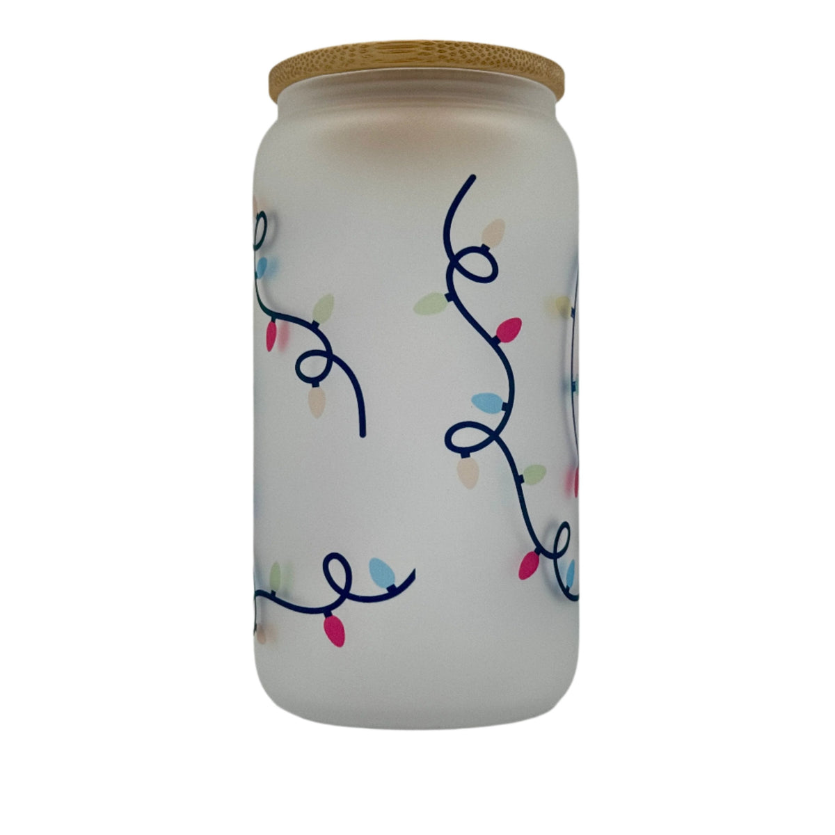 16oz Christmas Lights Xmas Glass Can Tumbler With Straw, rubber bottom & Bamboo Lid