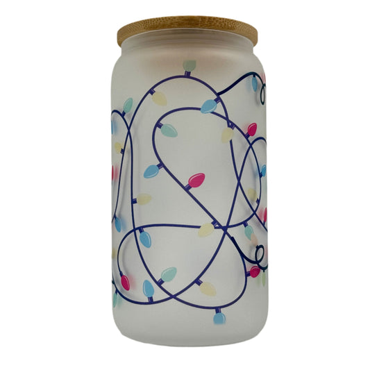 16oz Christmas Lights Xmas Glass Can Tumbler With Straw, rubber bottom & Bamboo Lid