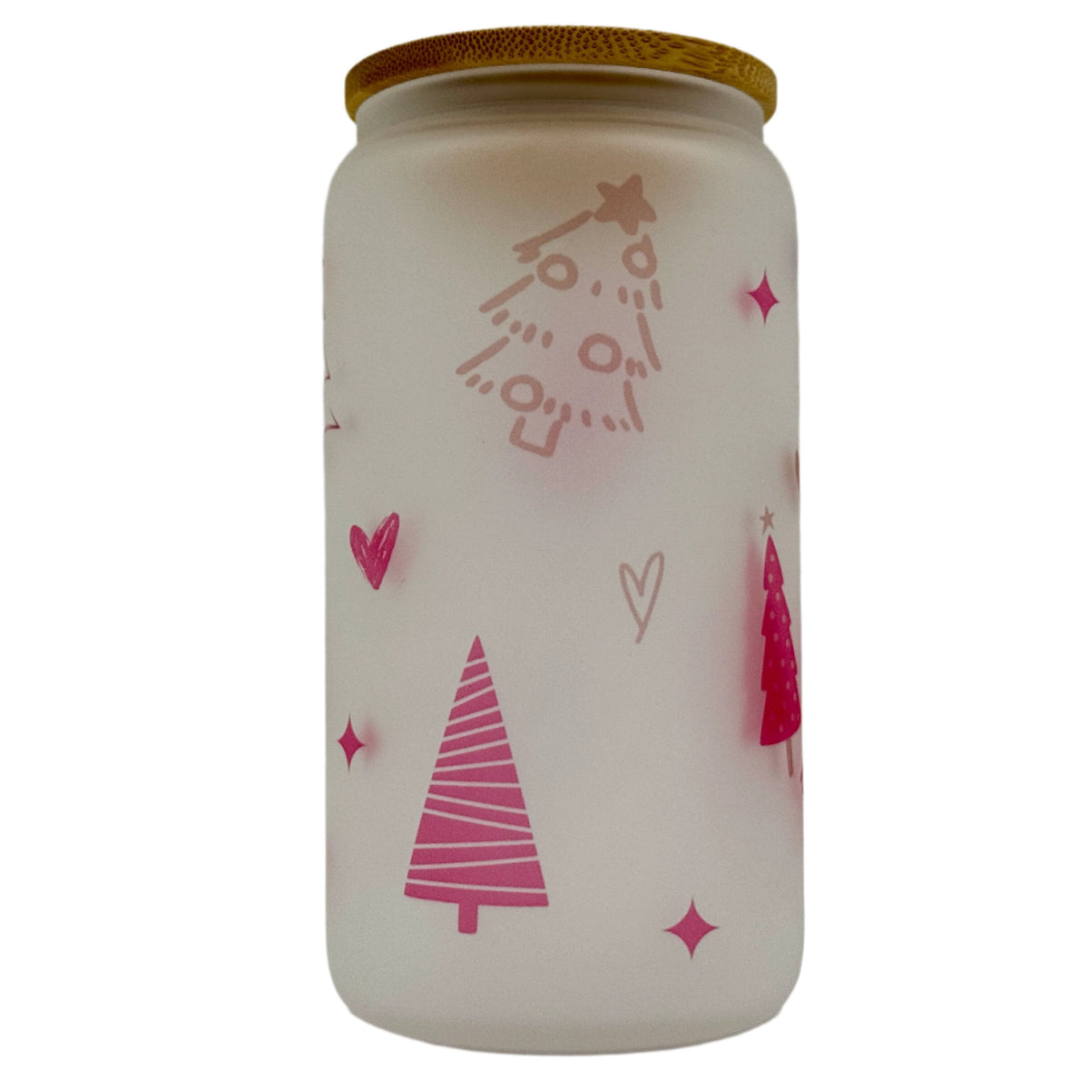 16oz Red Christmas Tree Xmas Glass Can Tumbler With Straw, rubber bottom & Bamboo Lid