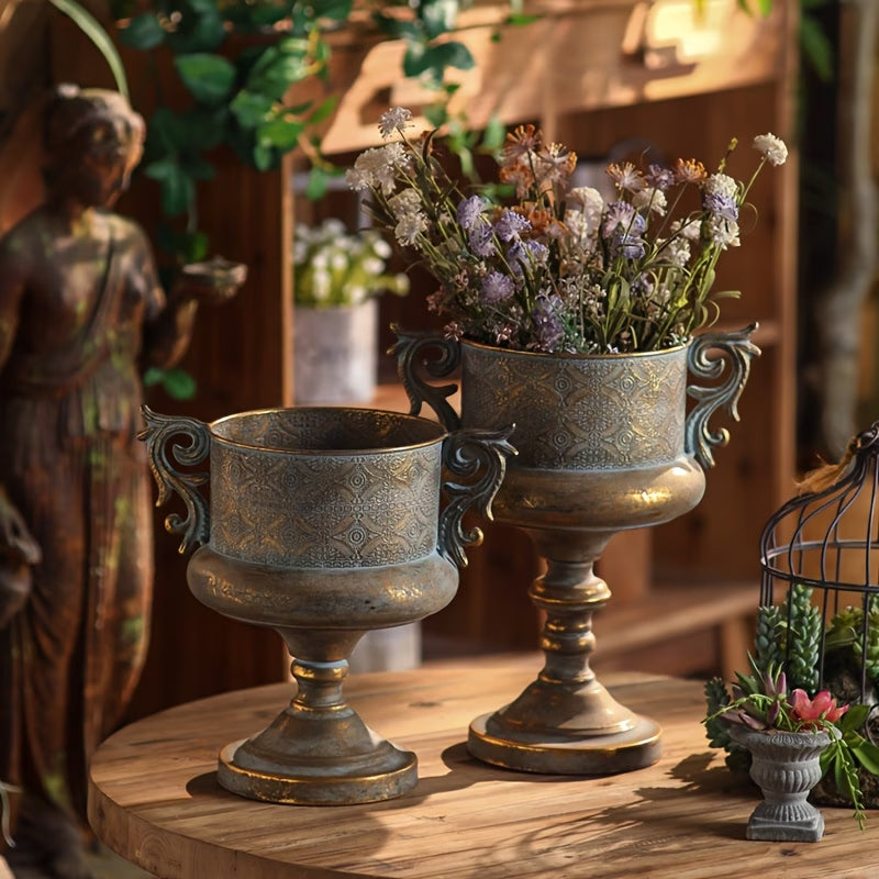 Embossed Gold Urn Planter with Decorative Handles